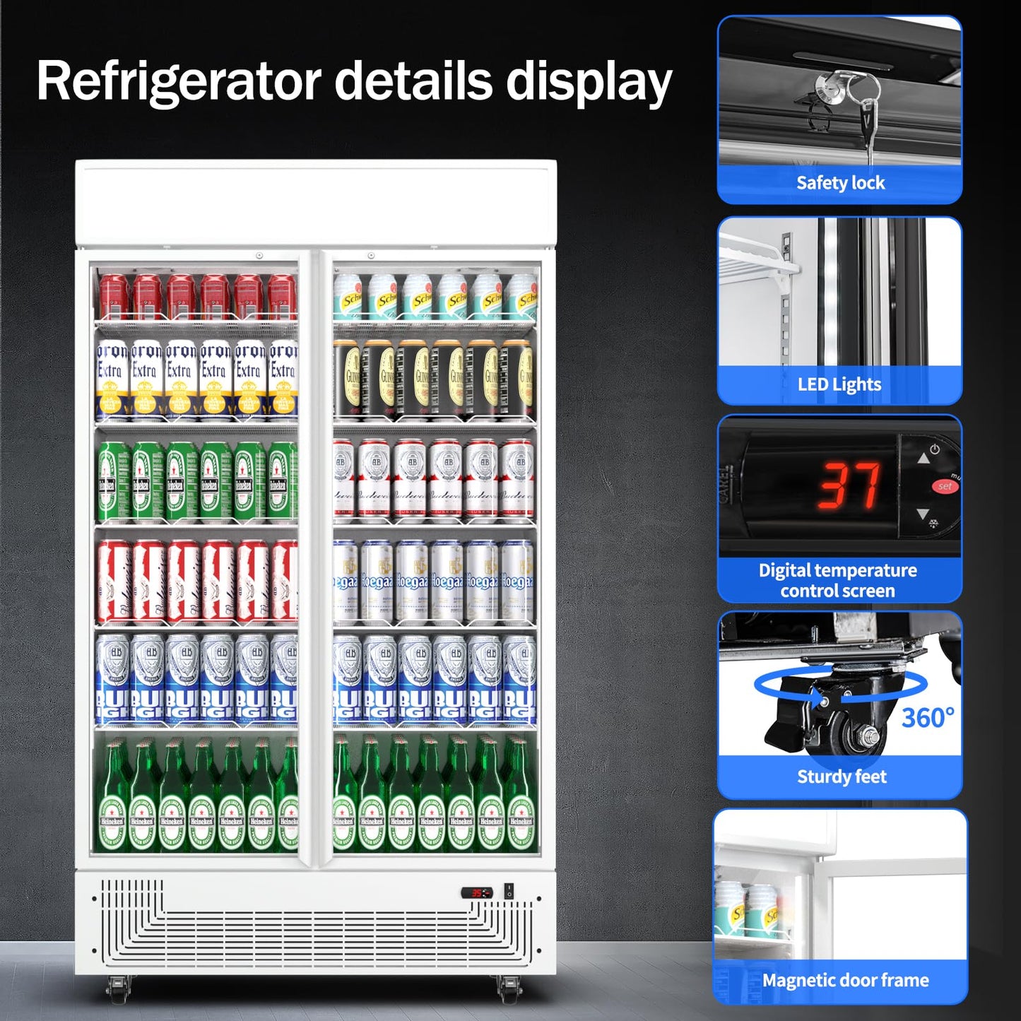BINGERMA Commercial Merchandiser Display Refrigerator with 2 Glass Doors 30 Cu.ft Beverage Back Bar Cooler Black Drink Fridge for Convenience Stores, Supermarkets,Bars,Offices White