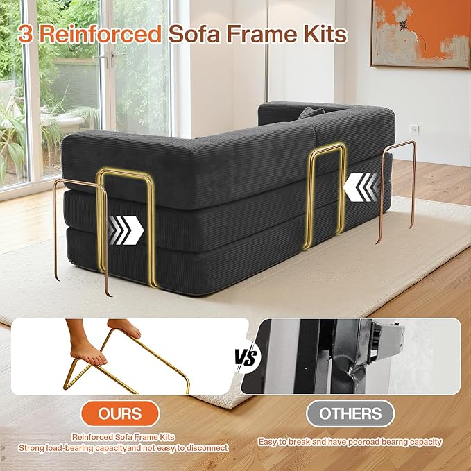 Kelyda 79 Inch Convertible Sofa Bed Couch in Box, 5 in 1 Folding Modular Boneless Couch with Pull Out Bed 2 Pillows, Soft Corduroy Floor Futon Lounge Loveseat Sleeper Lazy Cama No Assembly Dark Grey