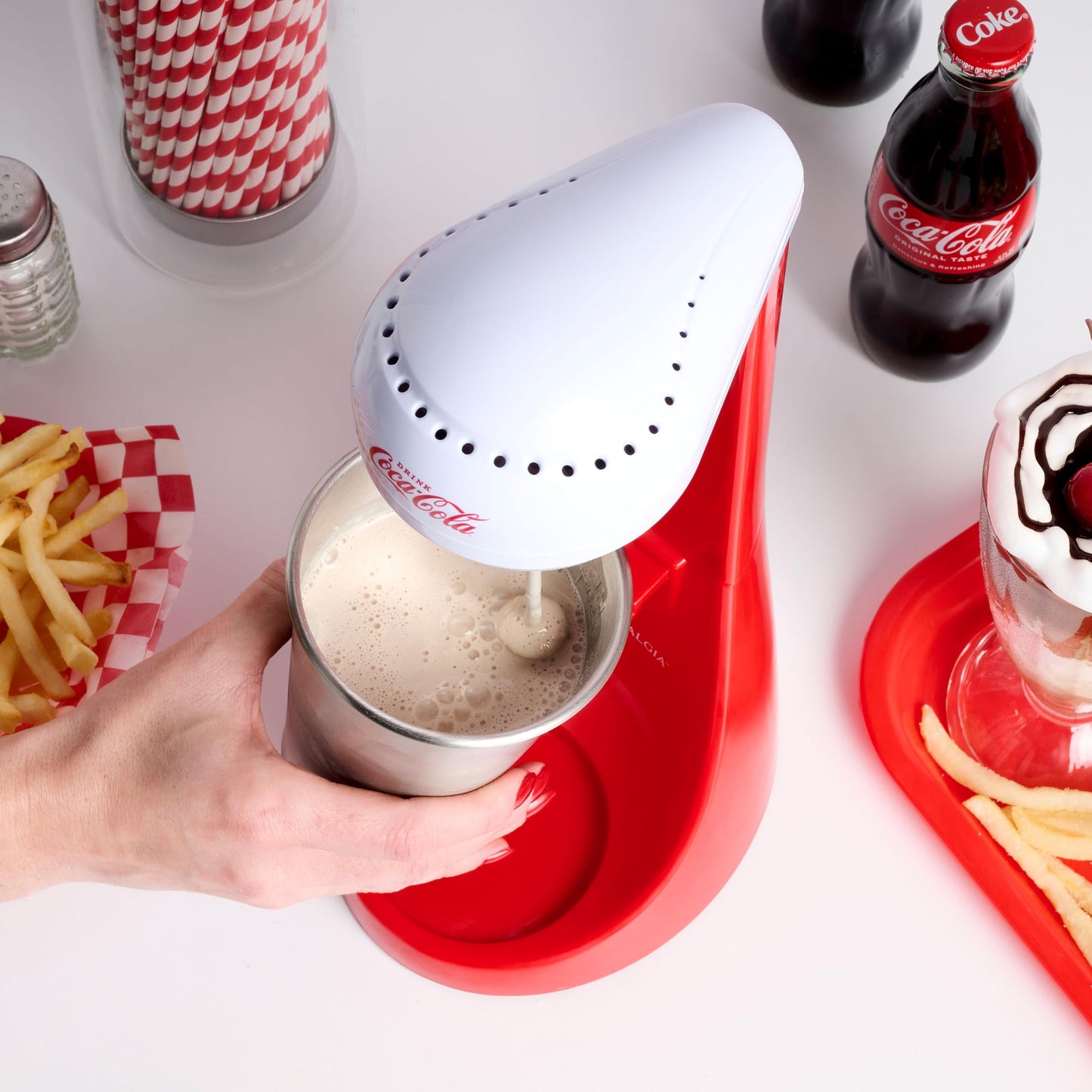 Nostalgia Two-Speed Electric Coca-Cola Limited Edition Milkshake Maker and Drink Mixer, Includes 16-Ounce Stainless Steel Mixing Cup and Rod, Red