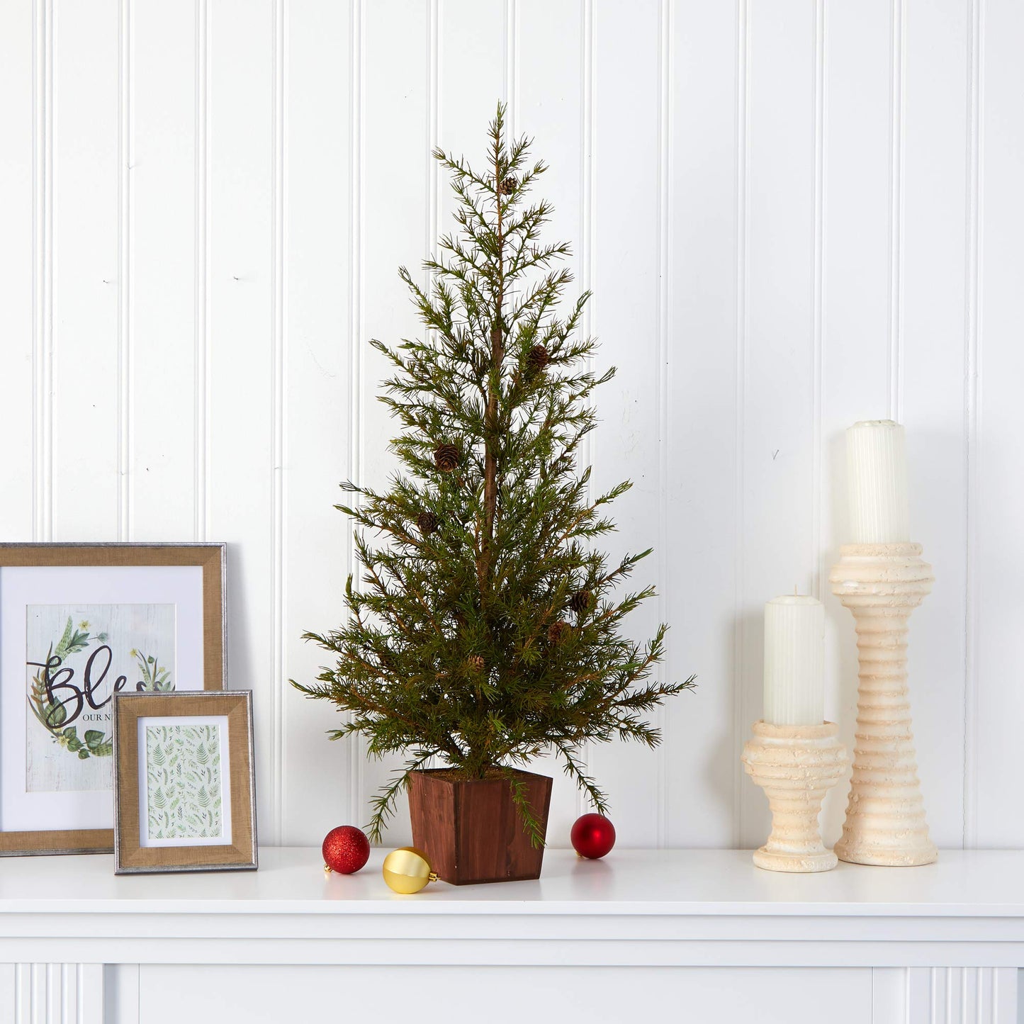 Nearly Natural 3ft. Alpine Natural Look Artificial Christmas Tree in Wood Planter with Pine Cones