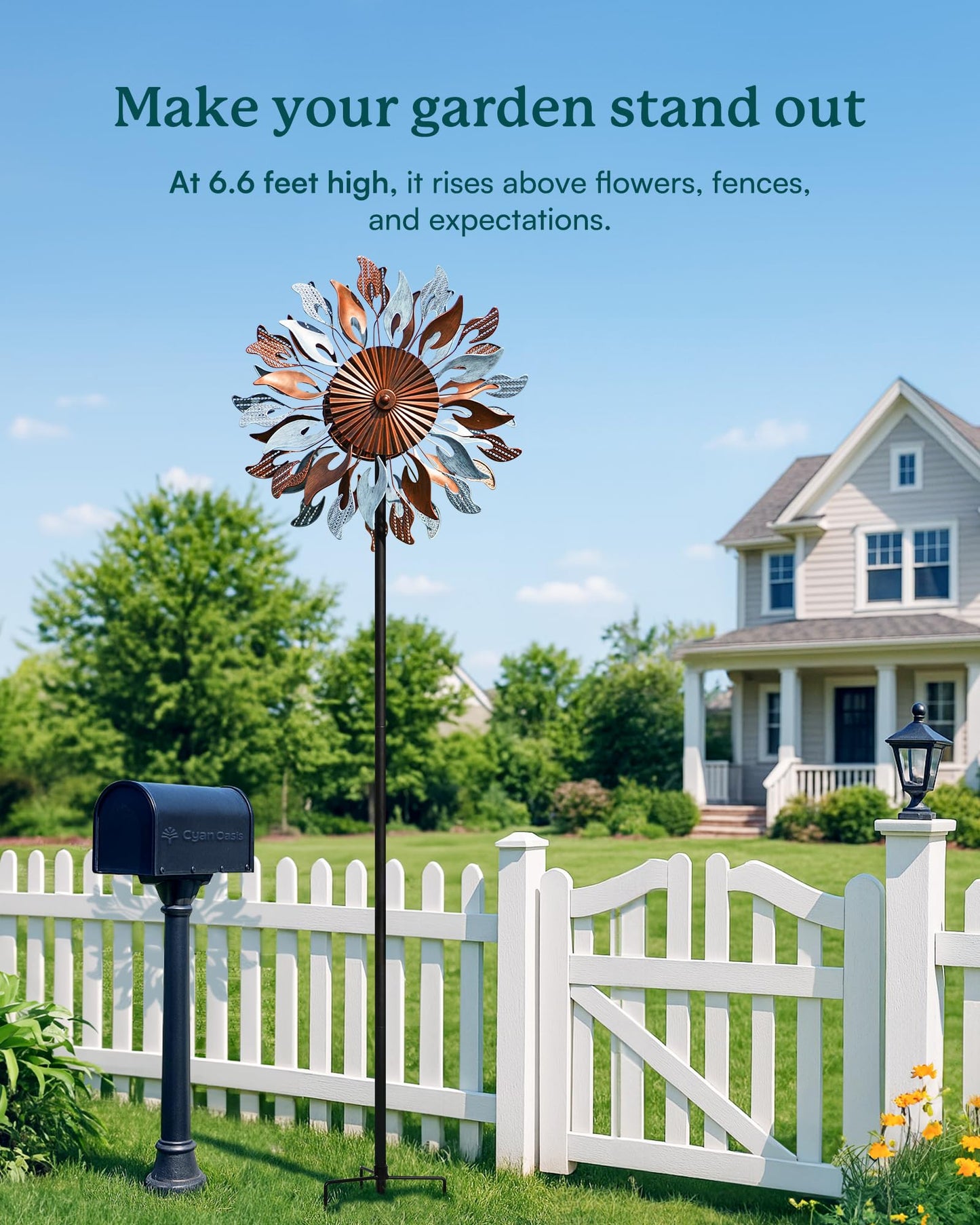 Cyan Oasis Wind Spinners Yard Garden - Large Wind Sculptures & Spinners with Stake, Kinetic Metal Windmill Spinner Decor for Garden Lover (22" W x 83“ H)