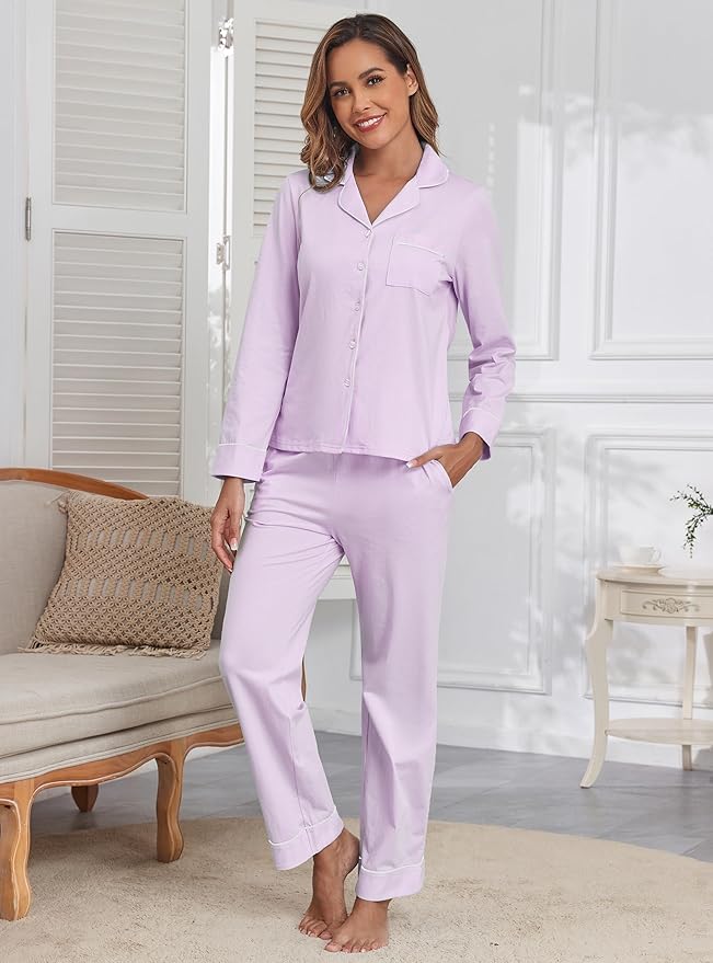 Veseacky 100% Cotton Pajamas for Women Set Long Sleeve Button Down Sleepwear Soft Pjs Lounge Sets with Pockets XS-XXL