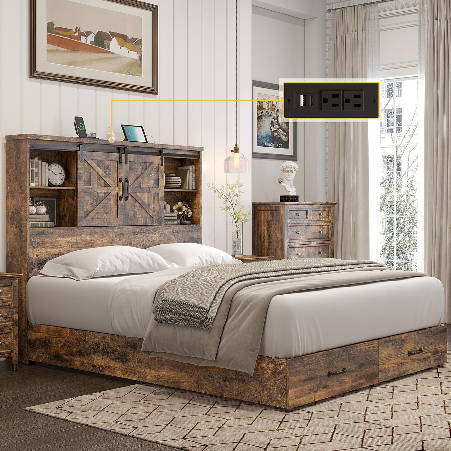 HOWE Full Size Wood Platform Bed Frame with 51.2" Bookcase Headboard, Storage Bed with Sliding Barn Door Charging Station 2 Drawers, No Box Spring Needed/Noise Free/Farmhouse/Rustic Brown