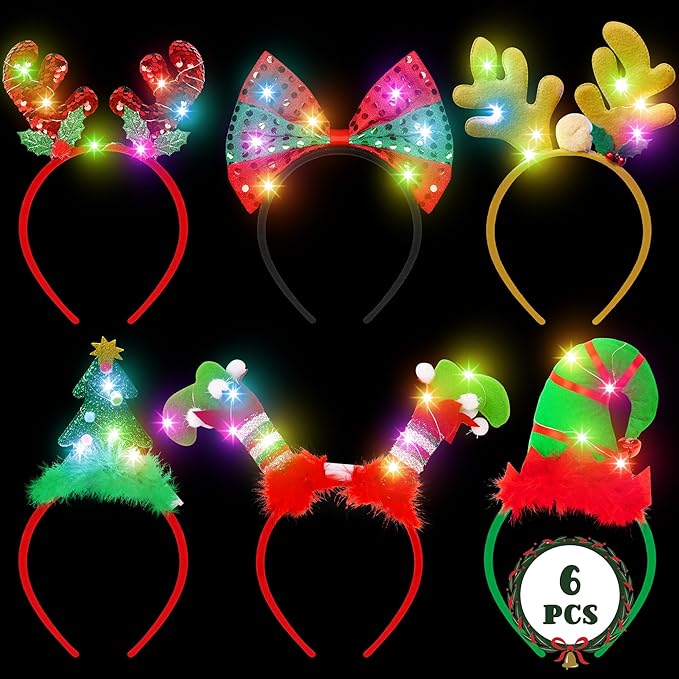 HOVACY Christmas Light Up Headband, Reindeer Antler Santa Hat Christmas Tree Hat Bow HairHoop Xmas Party Favors Decorations