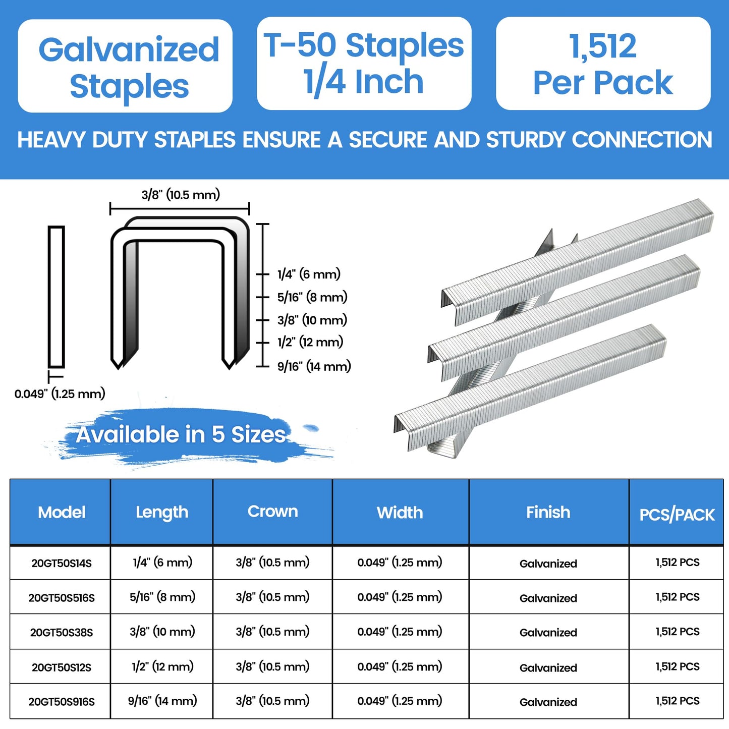 meite Heavy Duty Staples, 1/4 Inch Length T-50 Staples for Staple Gun, Galvanized, 20 Gauge 3/8" Crown, Compatible with T-50 Staple Gun, Ideal for Upholstery, Construction, Furniture (1,512 Counts)