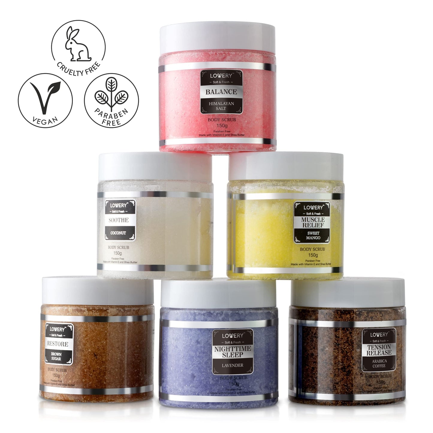 Body Scrub, Birthday Gifts for Women & Men, 6pc Exfoliating Body, Face, Hand Foot Scrub, Himalayan Salt, Brown Sugar, Coconut, Arabica Coffee, Acne Stretch Marks & Cellulite Remover, Essential Oils