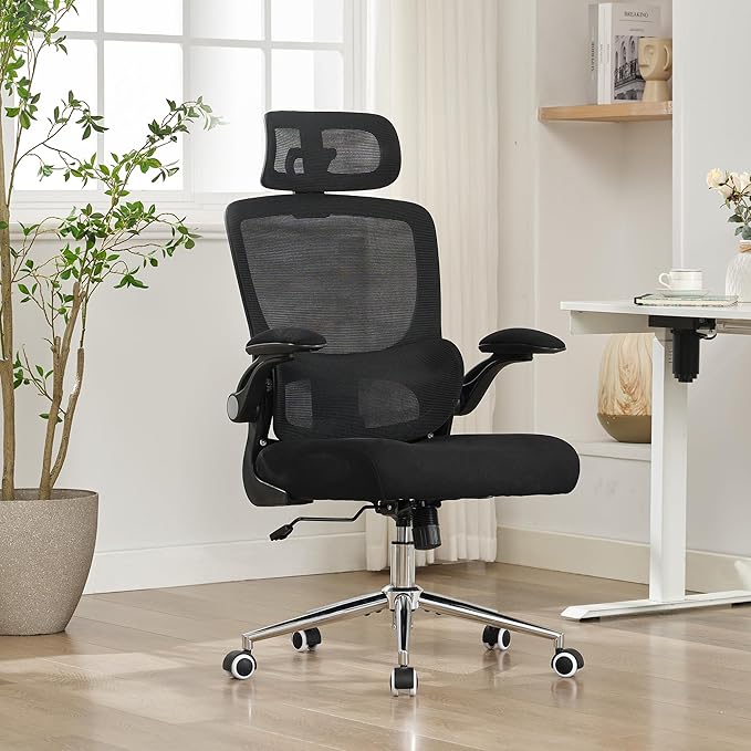 BOWTHY Ergonomic Office Chair,Home Mesh Office Desk Chairs,High Back Chair 330 LBS,Swivel Computer Task Chair with Adjustable Lumbar Support,Up&Down Flip-Up Arms,Rocking Function (Black)