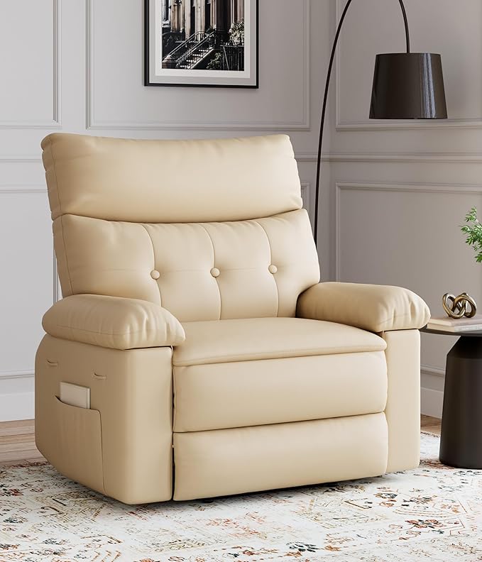GarveeHome Oversized Wide Recliner Chair - Faux PU Leather Large Manual Recliner for Adults, Lazy Chair with 1.5X Sponge Comfort Arm and Back for Living Room, Bedroom - Cream