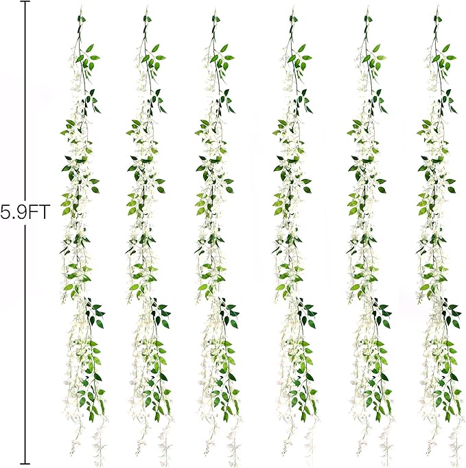 Sggvecsy 6Pcs Wisteria Garland Artificial Flowers Garland Fake Hanging Wisteria Vines Rattan Silk Hanging Flower Vines for Home Garden Outdoor Wedding Arch Party Ceremony Total 35.4Ft (White)