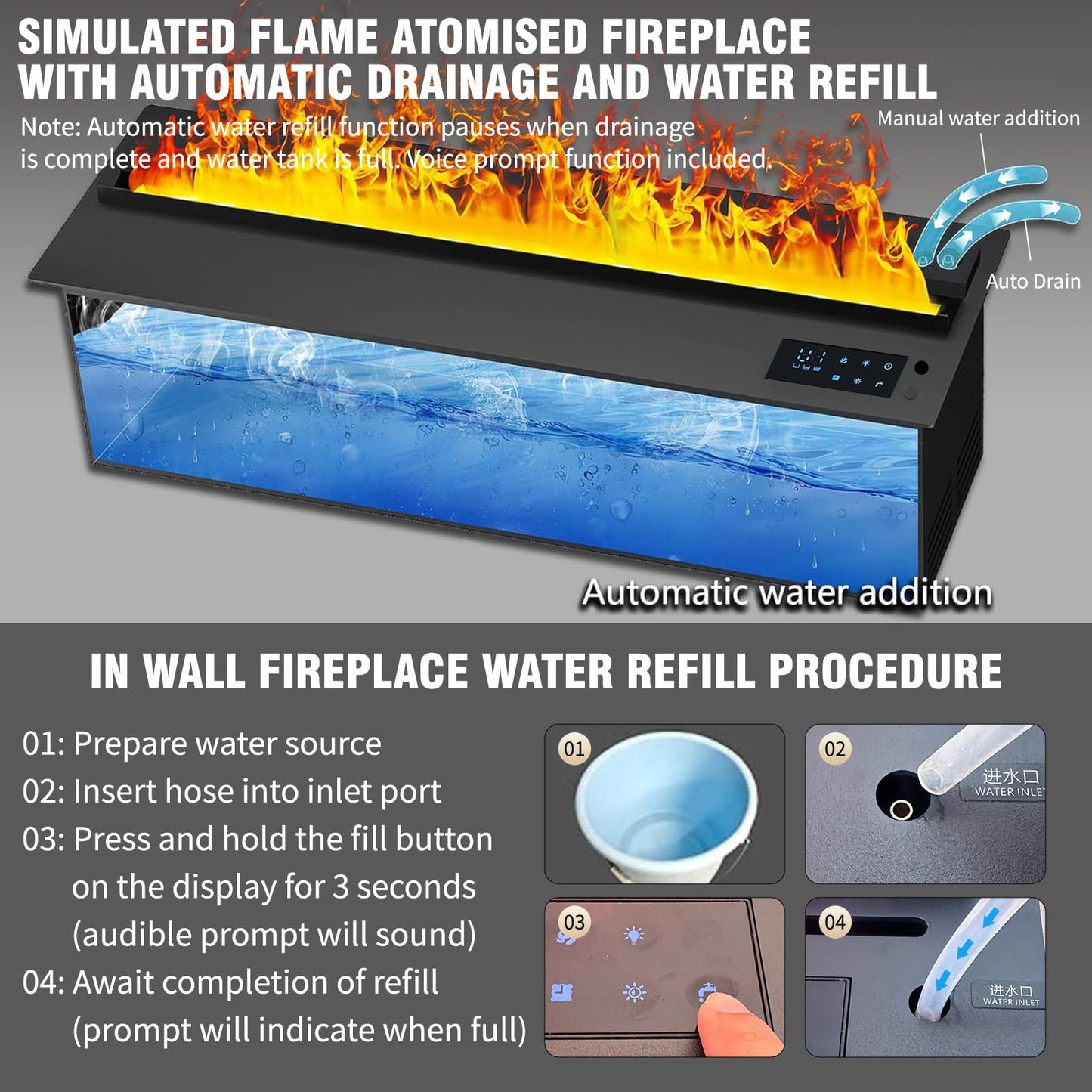 Water Vapor Fireplace Atomized Fake Fire, Recessed Electric Fireplace Humidifier Touchable Atomized Flame Equipped with Remote Control, Adjustable Flame Humidifying Atomization 27 Inch