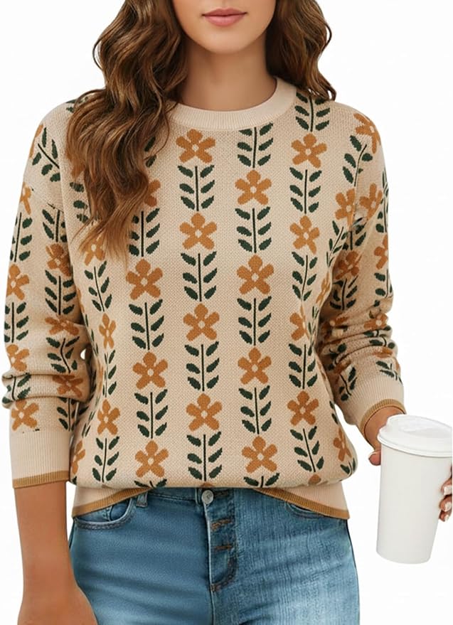 GraceSelect Women's Spring Pullover Sweater Long Sleeve Oversized Printed Cute Crewneck Knitted Top 2026 Trendy Fashion