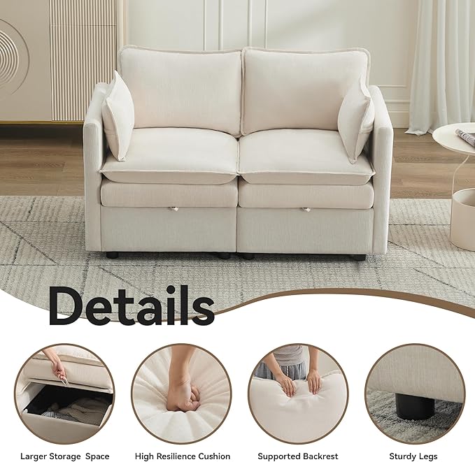 55" Cloud Modern Loveseat Sofa with Storage, Sectional Modula Small Sofa Love Seat Couch，Chenille 2 Seater Comfy Couch with Armrests for Living Room, Small Space, Beige