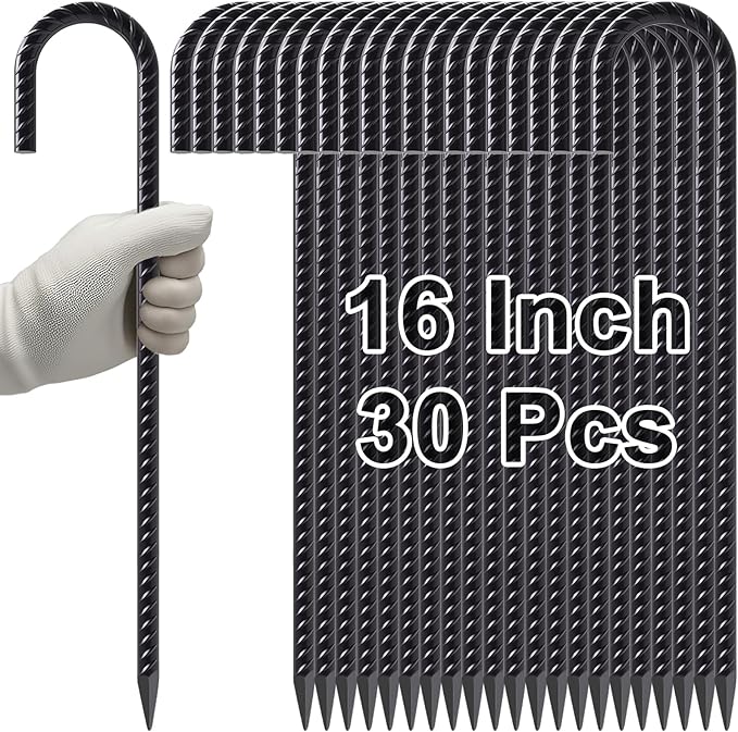 VVOKGO Rebar Stakes 16 Inches J Hook Heavy Duty Chain Link Fence Stakes, 30 Pcs Metal Long Tent Spikes Ground Anchors for Wire Fencing, Dogs Digging, Camping Tents, Swings, Greenhouse, Black