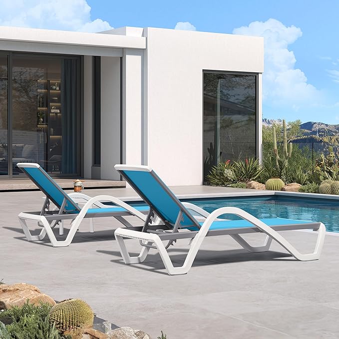 PURPLE LEAF Patio Chaise Lounge Chair Set of 3 Outside Aluminum Plastic Stackable Tanning Chairs with Armrests and Side Table for Pool Sunbathing Beach Deck Outdoor Lounger, Turquoise Blue