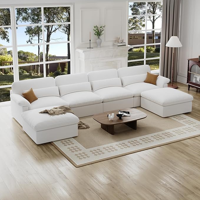Cloud Sectional Couch, Down Filled Couch, Modular Couches Sofa for Living Room, Minimalist Deep Seat Modern Couches,Sofa Cover Removable,Chenille Fabric (146" 4 Seat+2 Ottoman)