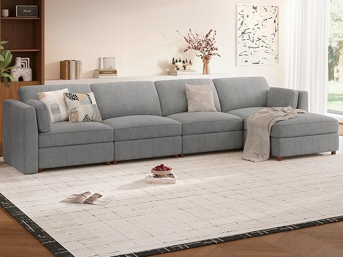 CUGOAO 153.4'' Modular Sectional Sofa, Oversized L-Shaped Sectional Couch with Ottoman, Deep Seat Chenille Cloud Couch, Mordern Upholstered Couches for Living Room, Apartment, Office, Grey