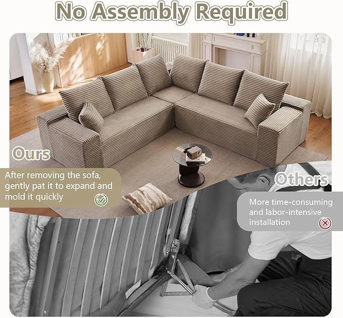 Sectional Cloud Couch for Living Room, Modular Floor Deep-Seat Sofa, Big Comfy Corduroy Couches Set with Fluffy Memory Foam, Stupendous L Shaped Sofas with Chaise, No Assembly Required, Camel