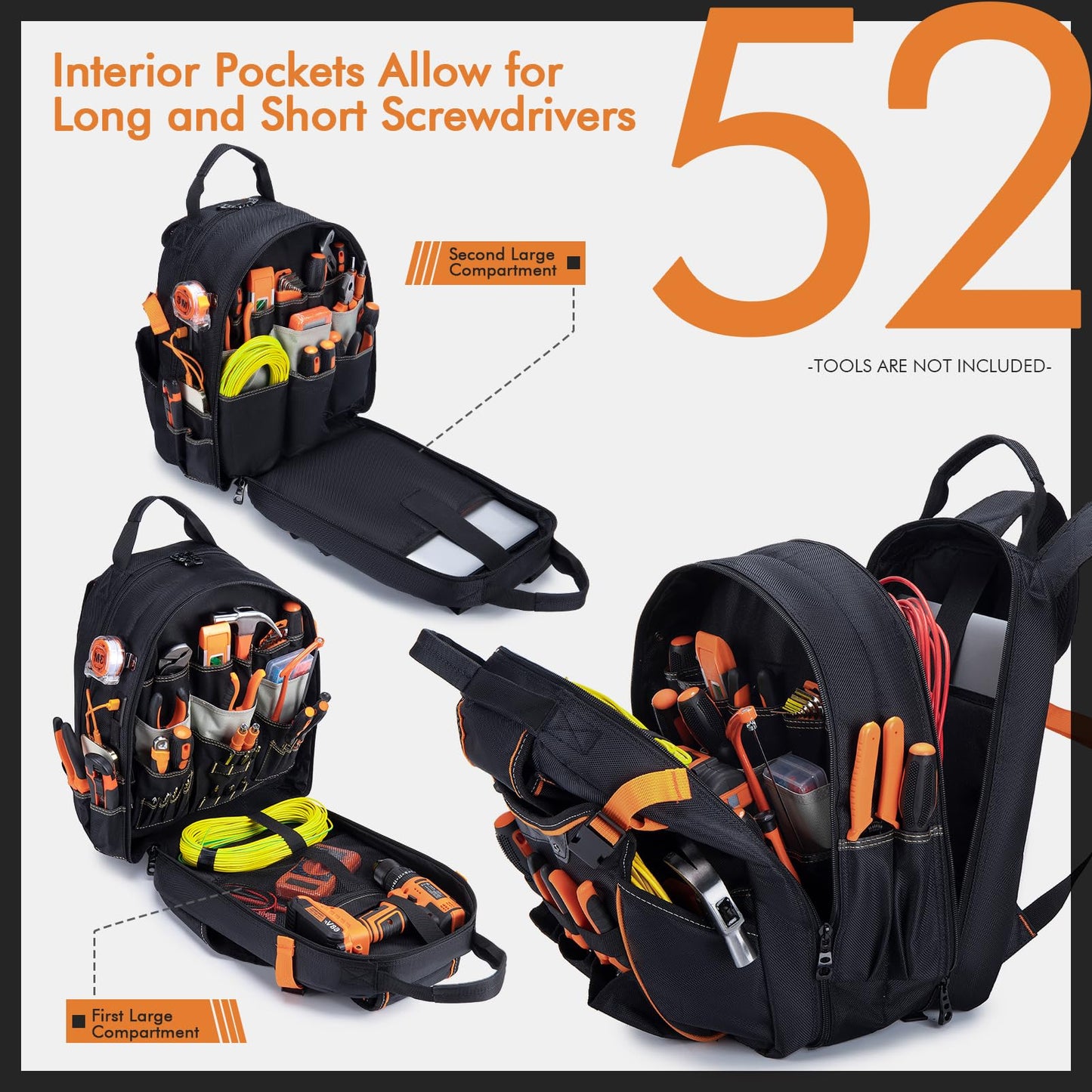 BAGZY 52 Pockets Tool Bag Backpack for Men Tool Backpack Heavy Duty Storage Organization Tool Bags Heavy Duty with Waterproof Molded Base for Electrician Repairman Industrial & Construction Work Black