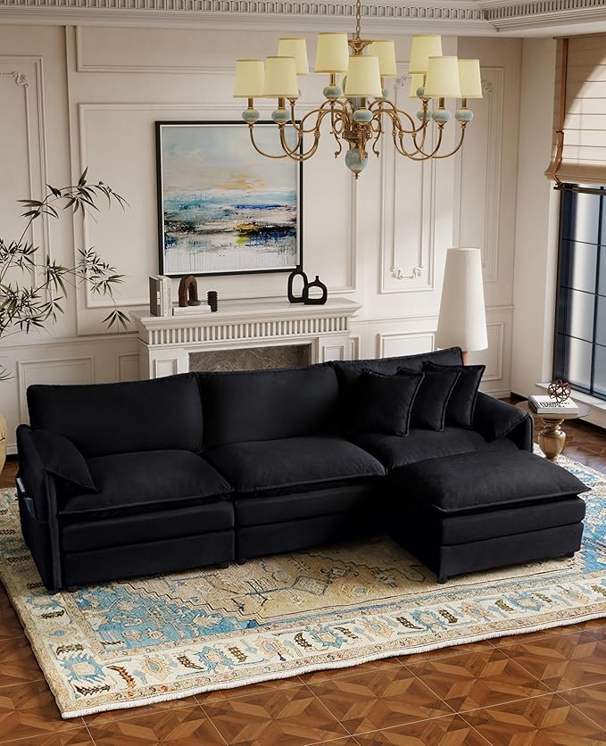 RENDGO 109" Modular Sectional Sofa with 1 Ottoman, Chenille Cloud Couch for Living Room & Apartment, Deep Seat Comfort, Flexible L-Shape Combination Sofa for Home & Office,Black
