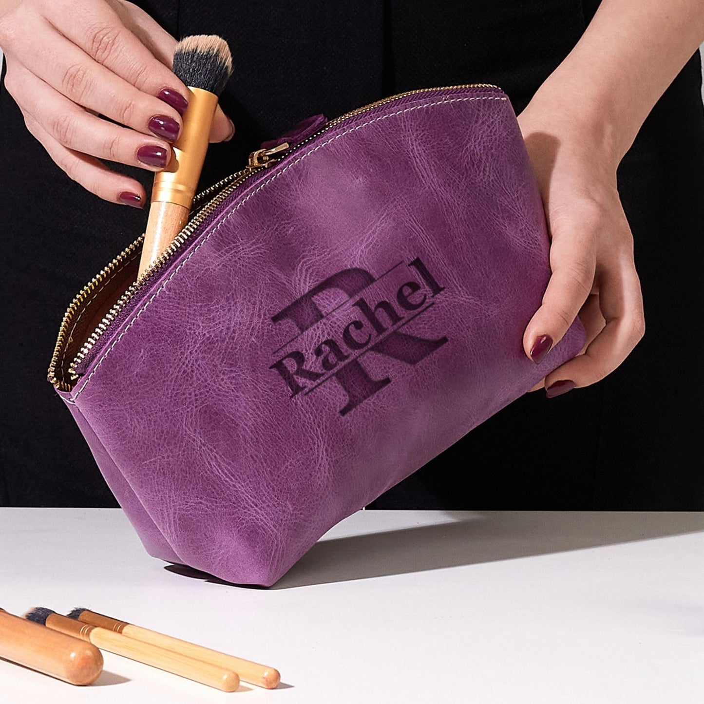 Luxury Personalized Leather Makeup Bags Crafted in USA, Full-Grain Leather Cosmetic Bag Engraved Name Initials or Logo, Birthday Anniversary Christmas Gift or Mother Gift, Italian Zipper, Make-up Purse for Women