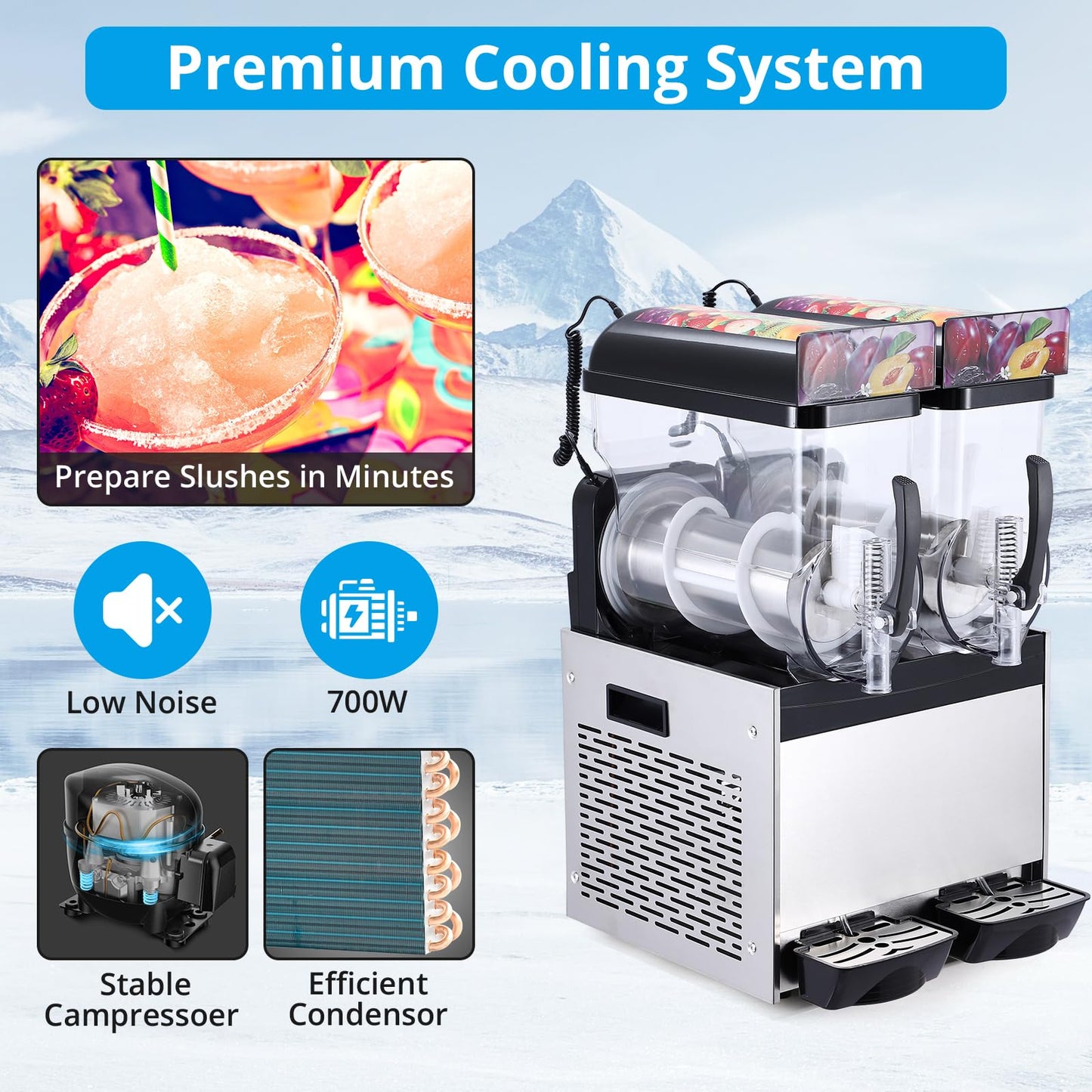 GarveeTech Commercial Slushy Machine, 15 L*2 slushy machine for home, 700W Professional cocktail margarita Frozen Drink Maker with Automatic cleaning mode, Stainless Steel Construction, Efficient
