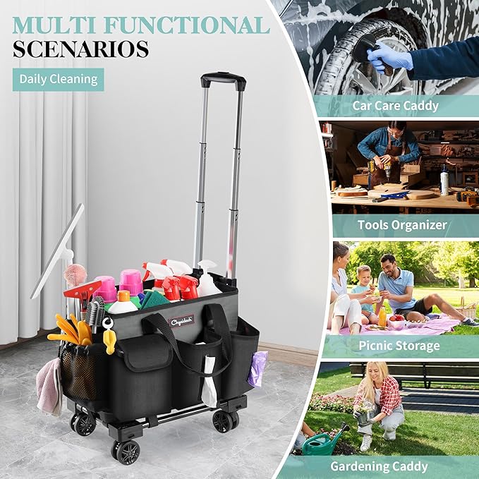 Rolling Cleaning Caddy, Cleaning Supplies Organizer with Trolley, Wearable Cleaning Tote Bag on Wheels with Hard Bottom, Cleaning Carts for Housekeepers/Home/Car/Office/Picnic (Grey)