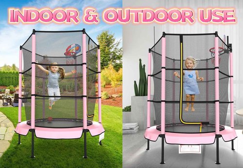 LANGXUN 60" Trampoline for Kids with Basketball Hoop, 5ft Indoor Outdoor Toddler Mini Trampoline with Raised Safety Net - Birthday Gifts for Boys and Girls, Christmas Toys for 3-10 Years Old