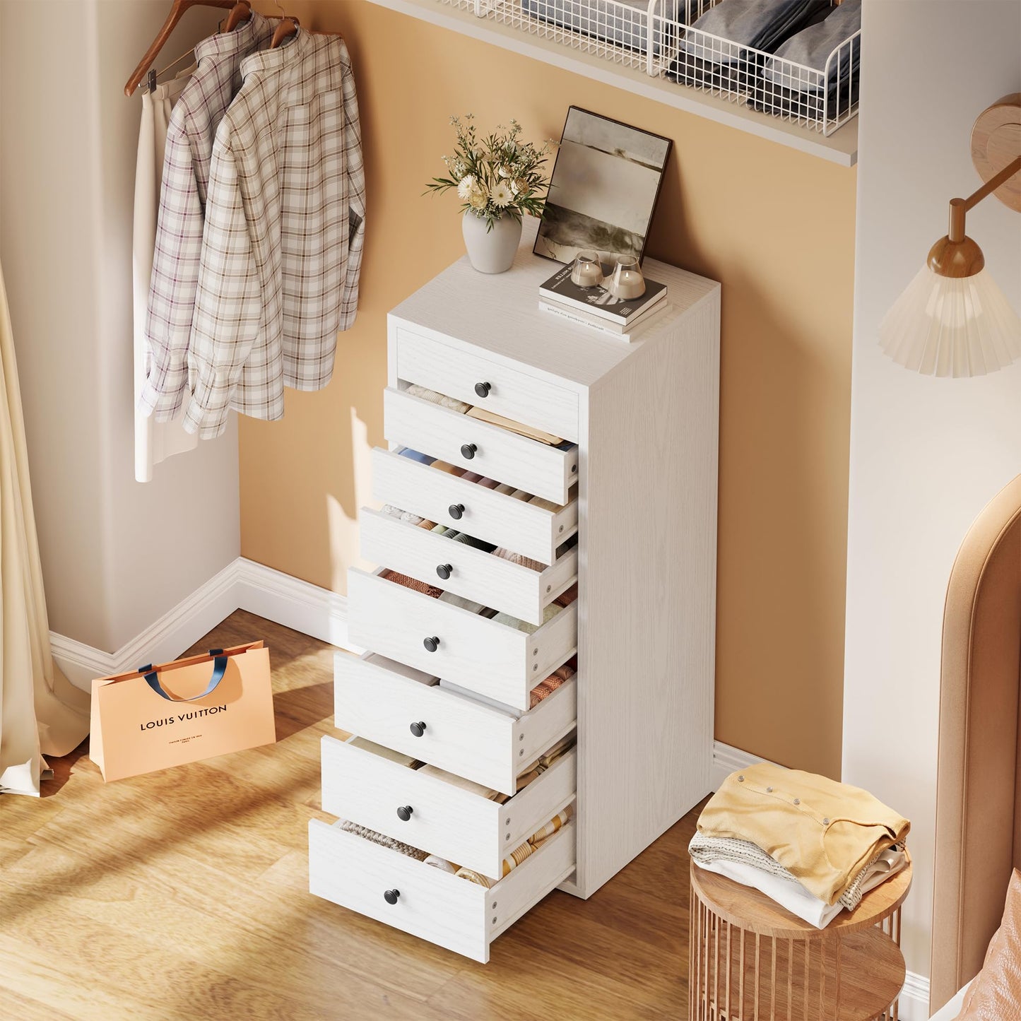 LIKIMIO 8 Drawer Dresser, Small Dressers with Storage Drawers, Chest of Drawers for Bedroom, Tall Narrow Dresser for Organizers, White