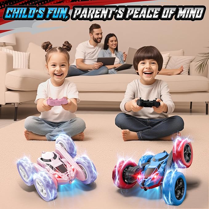 STEM Remote Control Car for Kids, 360° Spinning Double-Sided Coloured Design RC Stunt Car with LED Lights, USB-C Rechargeable Educational Toy for Boys Ages 6–12, Ideal Birthday