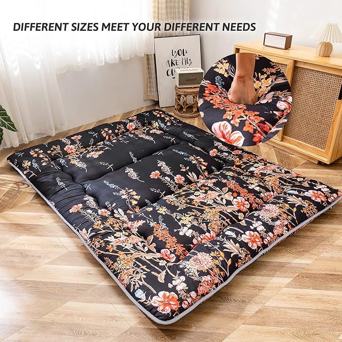 MAXYOYO Japanese Futon Mattress Floor Mattress Sleeping Pad Foldable Bed Roll Up Camping Cushion Floor Lounger Bed Couches and Sofas Couch Topper, Black Floral, Full Size