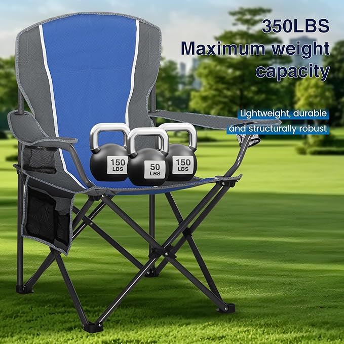 HIGH POINT SPORTS Portable Camping Chair, Heavy Duty Outdoor Folding Chair with Armrest, Foldable Camp Chair with Cup Holder, Portable Lawn Chair for Adults Support 350 LBS, Blue-Gray