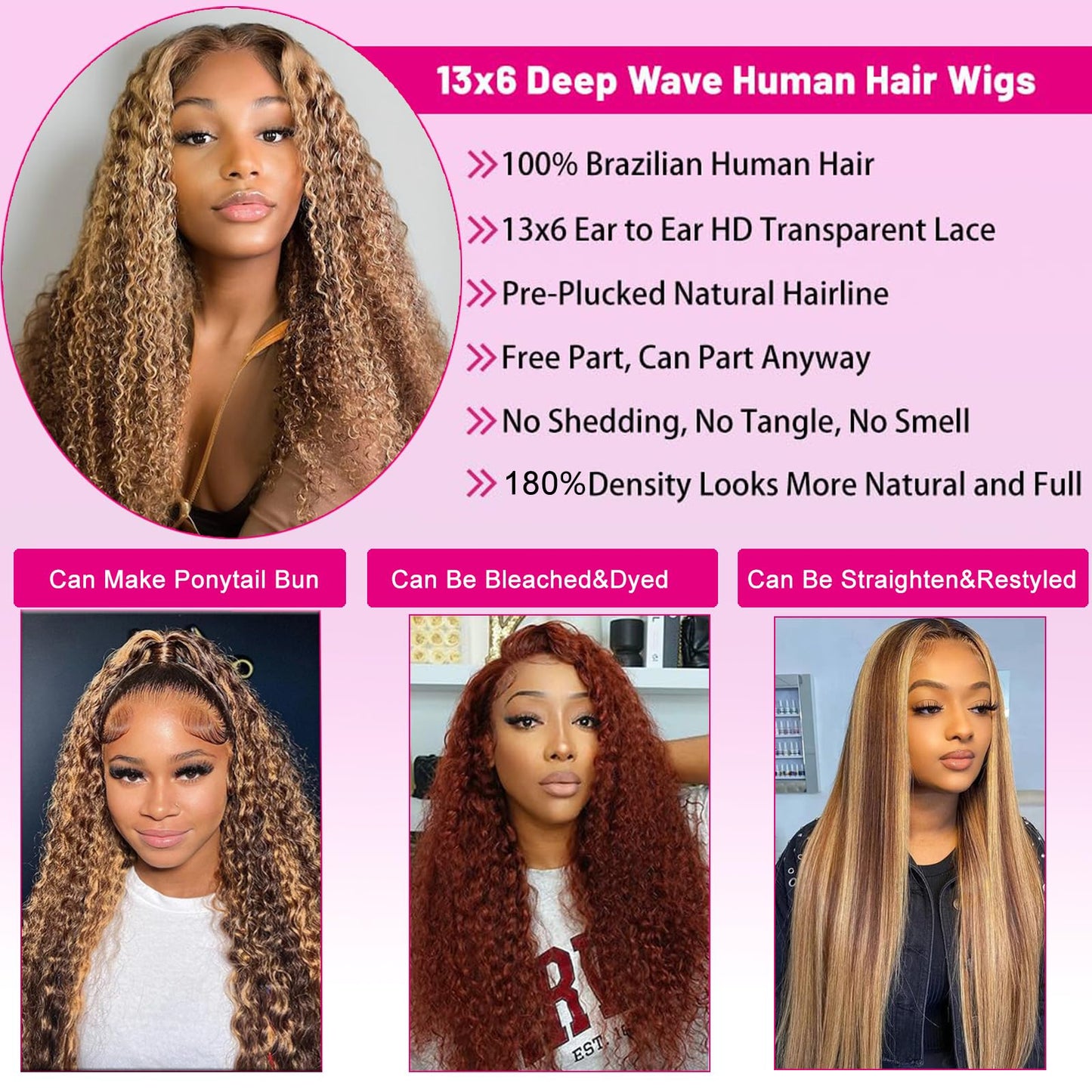 34 Inch Highlight Ombre Lace Front Wig Human Hair 13x6 HD Honey Blonde 4/27 Deep Wave Lace Front Wigs Human Hair 200% Density Co