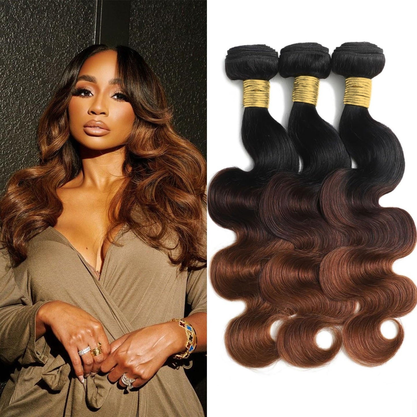 T1B/2/30 Chestnut Brown Ombre Human Hair Bundles Body Wave 100% Real Virgin Human Hair Bundles 22 24 26 Inch Dark Roots Bundle 3