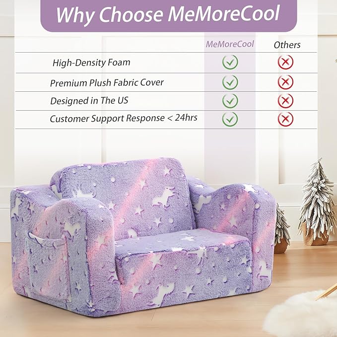 MeMoreCool Toddler Chair Comfy 1-3 Years Old, Kids Couch for Playroom, Convertible Glowing Unicorn Flip Out Sofa, Kids Furniture Floor Recliner Chair Bed