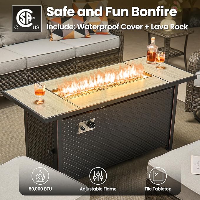 ovios 7 Pieces Patio Furniture Set, Outdoor Wicker Sofa Couch with Swivel Chairs 54" Fire Pit Table, High Back Modern All Weather Conversation Sets, Grey Rattan, Grey