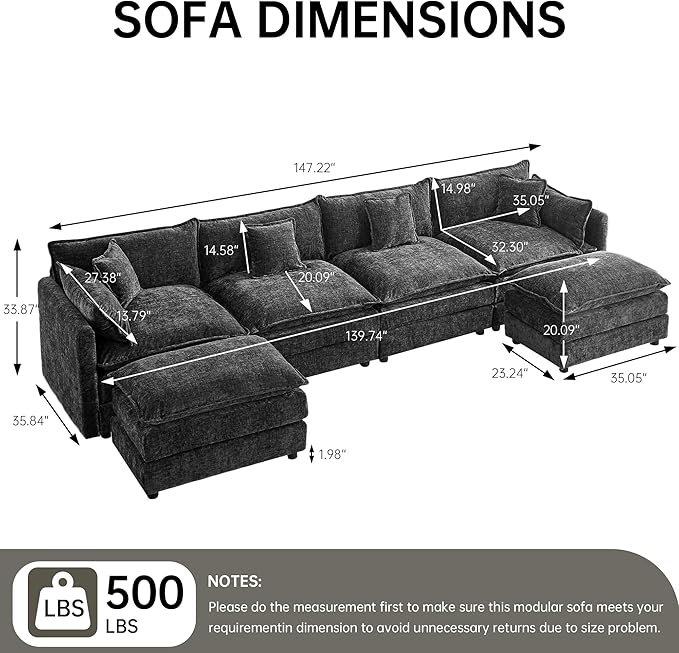 saows Modular Sectional Sofa, 147.2 Inch U Shaped Couch Set with Armrests, 4-Seater Comfy Cloud Couches with Movable Ottoman for Living Room Apartment, Grey