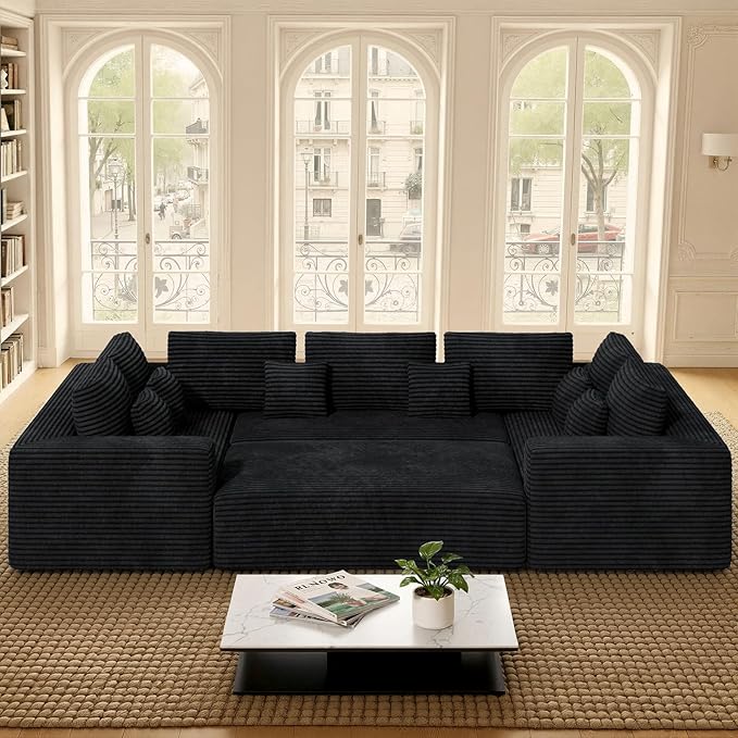 136'' Large Sectional Cloud Couches with Chaise, U Shaped Boneless Sofa Bed with Ottoman, No Assembly Required Deep Seat Modular Lounge for Living Room 4PCS Set, Bedroom(Black)