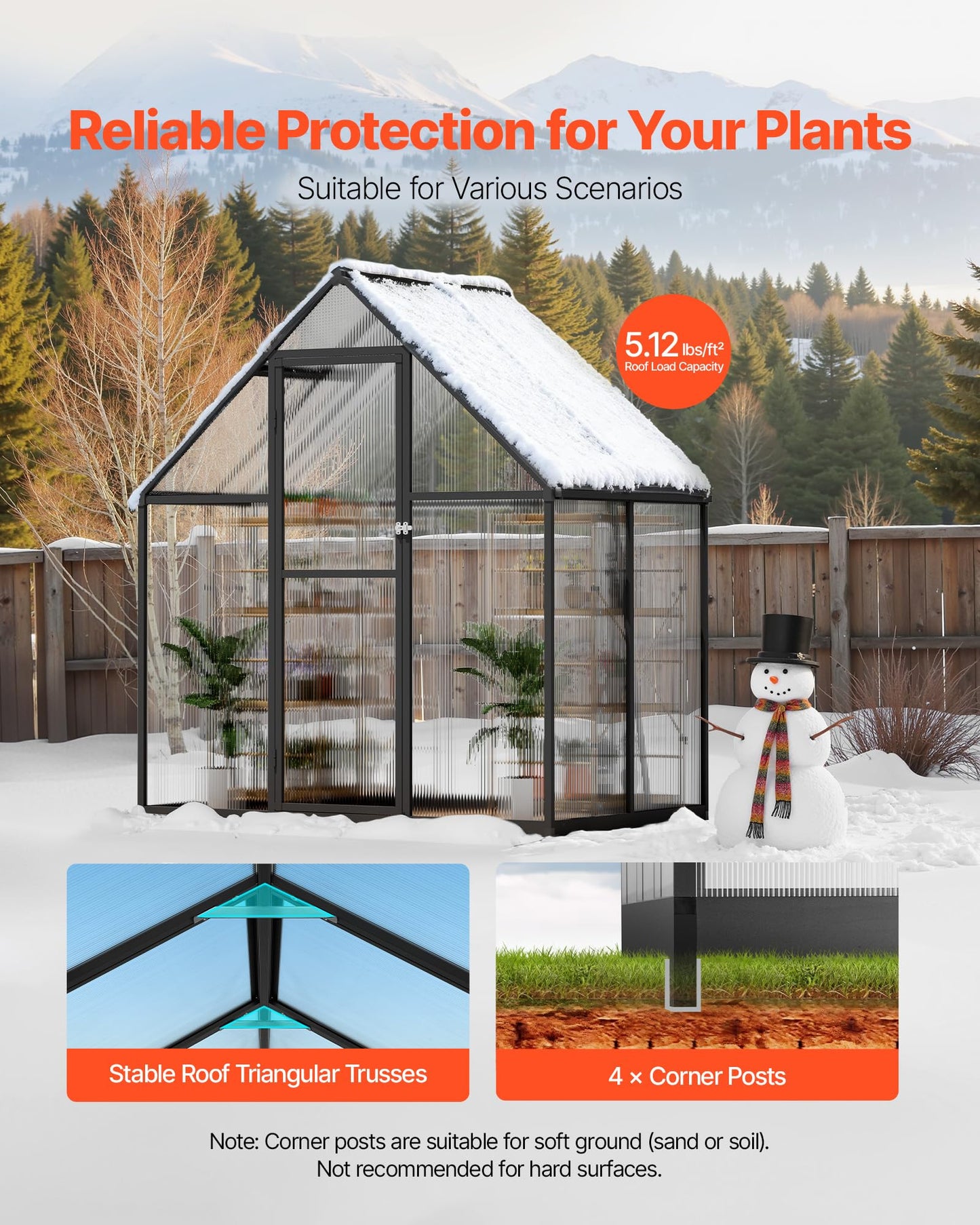 VEVOR 6 x 4 FT Polycarbonate Greenhouse, Heavy Duty Outdoor Green House with Adjustable Vent & Push-Pull Lockable Door, Quick Setup, Aluminum Frame Walk-in Greenhouse Sunroom for Outside Garden Lawn