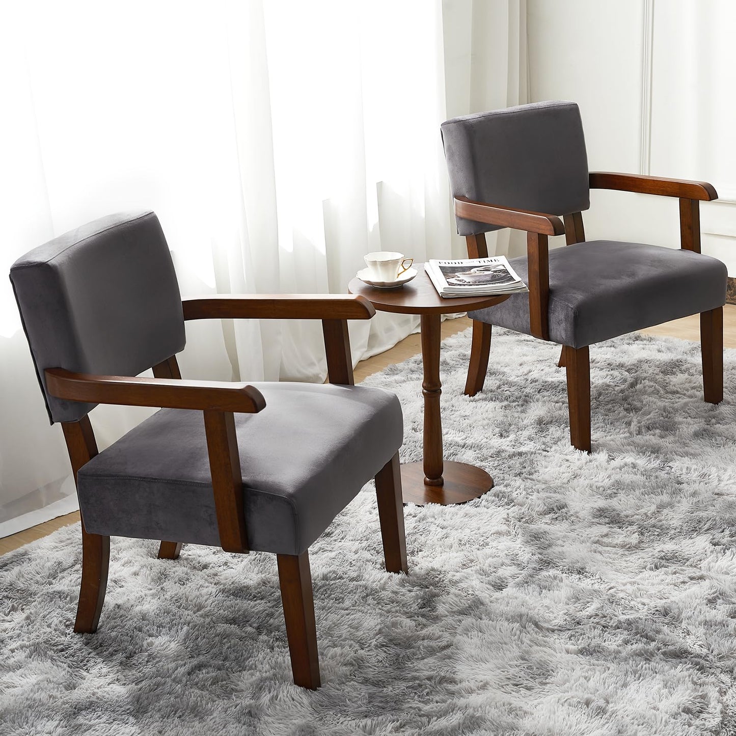FAGAGA Accent Chair Set of 2 with Table, Living Room Chairs with VelvetSoft Seat and Armrests for Living Room Bedroom Reading Room Waiting Room (Greyvelvet)