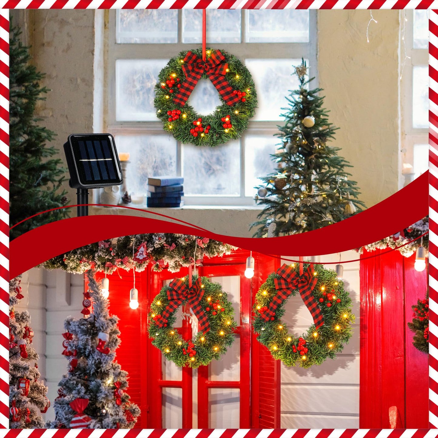 Cinnvoice Christmas Wreath Set of 3 Artificial Wreath Fence Wreath with Solar Lighted String Berry and Pine Needles Christmas Outdoor Decoration for Xmas Winter Decor Yard Stairs