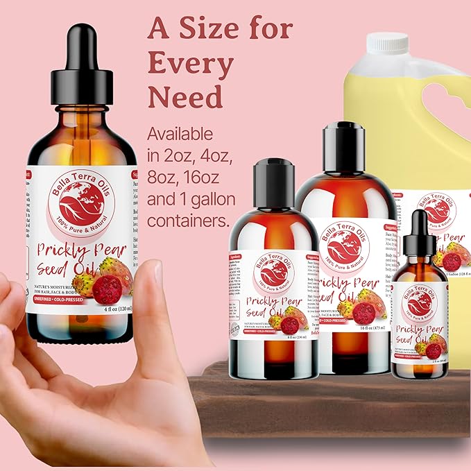 Bella Terra Oils - Prickly Pear Oil 4oz - Sourced from Pure Cactus Enclaves, Packed with Fatty Acids & Flavonoids, Impeccable for Silken Skin