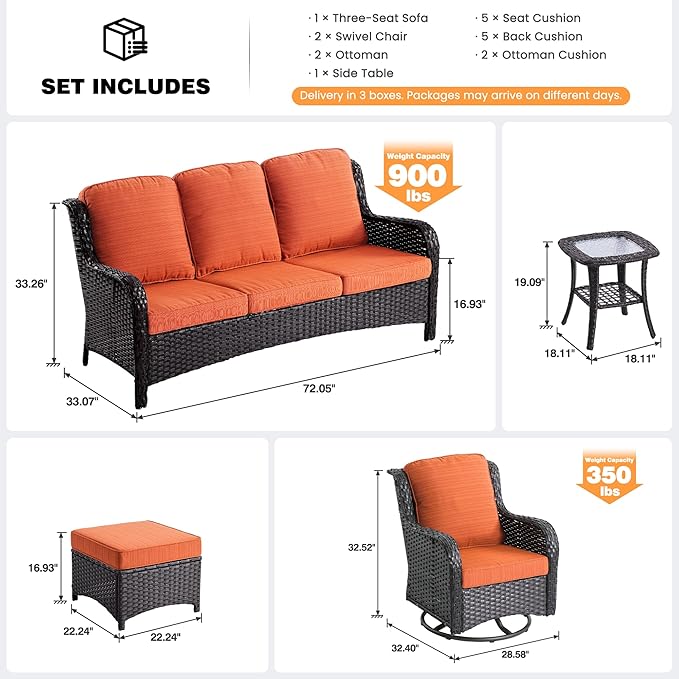 ovios 6 Pieces Patio Furniture Set, Outdoor Wicker Sofa Couch with Swivel Chairs Ottomans Comfy Cushions, High Back Modern All Weather Conversation Sets, Brown Rattan, Orange Red