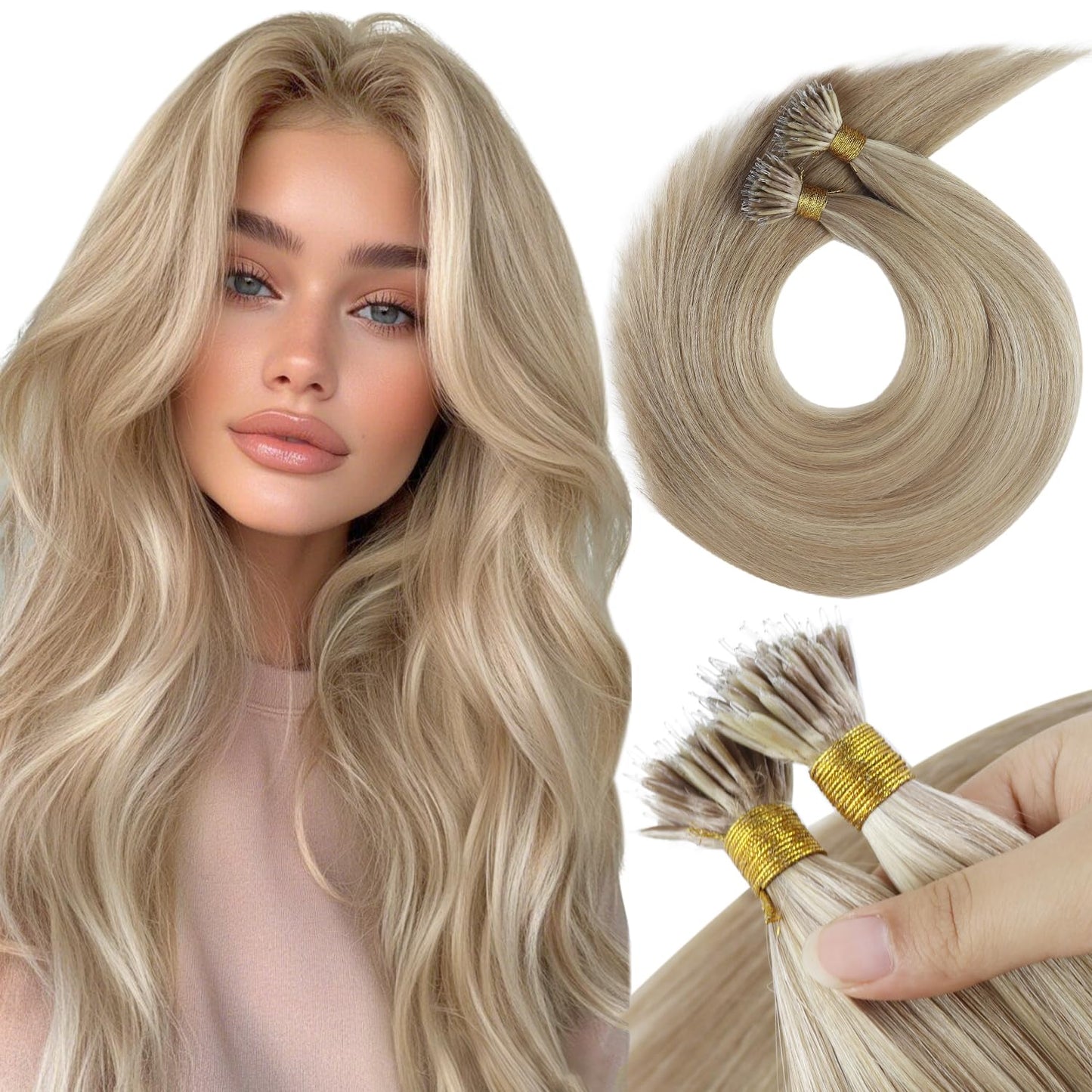 Sunny Hair Nano Bead Hair Extensions Human Hair Ash Blonde Highlight Bleach Blonde Nano Tip Hair Extensions Real Human Hair Stra
