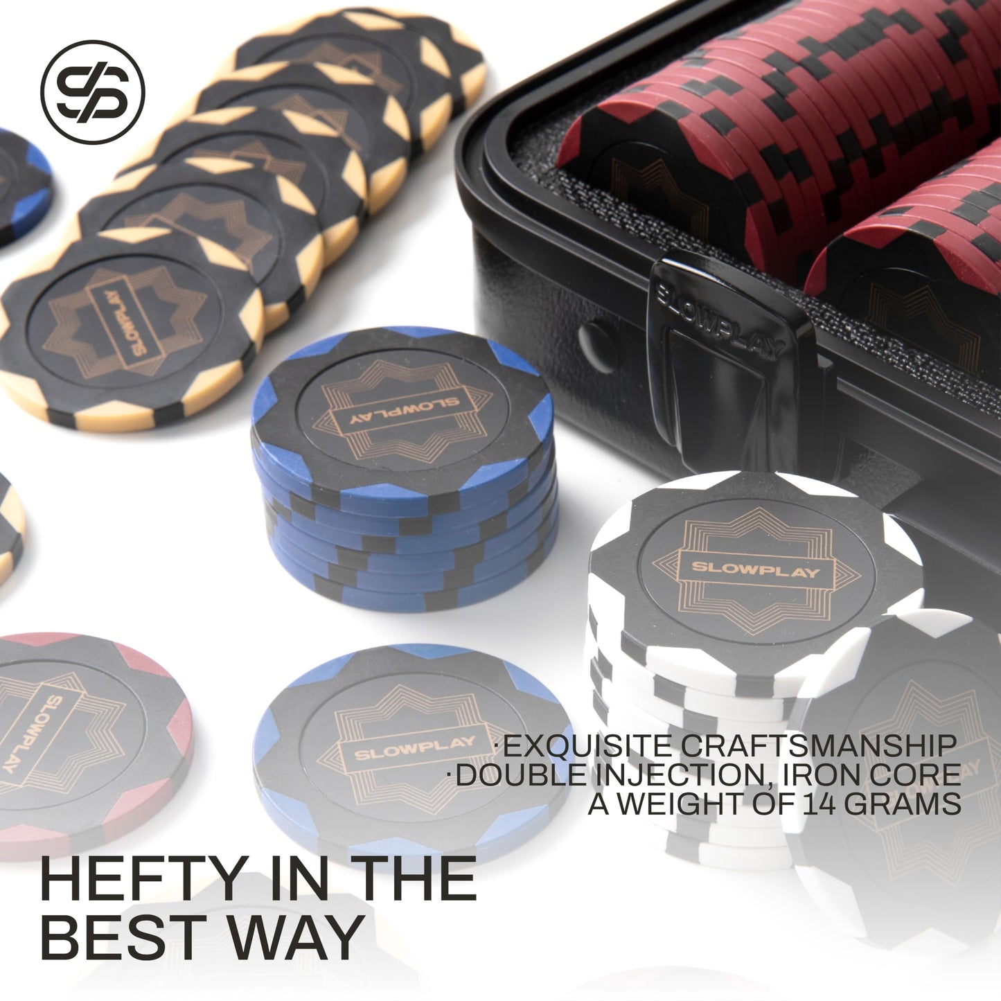 SLOWPLAY Nash 14g Clay Poker Chip Set Black Gold Edition– 500PCS Core Set for Texas Hold’em | Numbered Chips: 5, 25, 100, 500 | Premium Case with Durable German Polycarbonate Shell