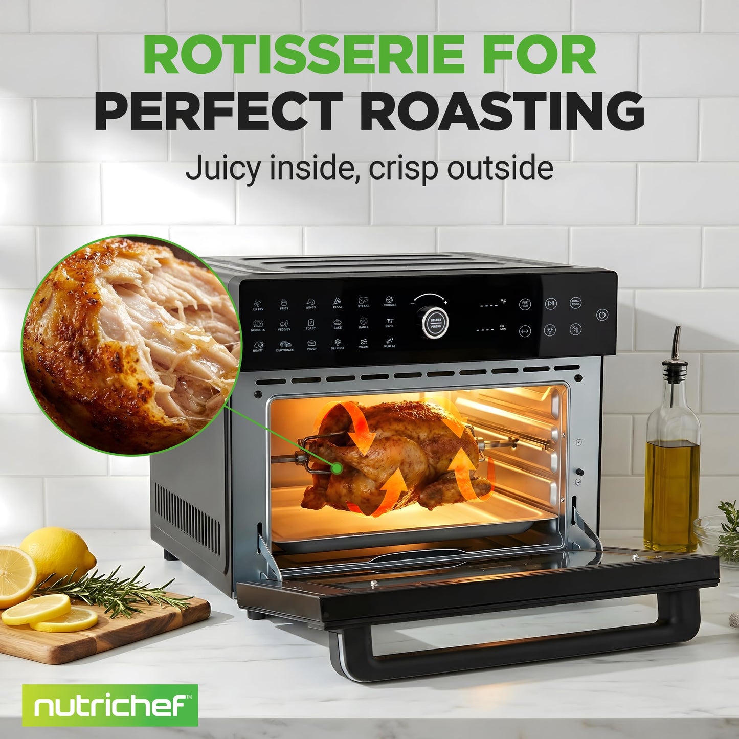 NutriChef 32 Quart Air Fryer & Oven | Digital Airfryer with 20 Presets, Dual Cook, Rotisserie, Bake & More | Multi-Function Convection Countertop Oven | Large Capacity | 18" x 17" x 14 | Black