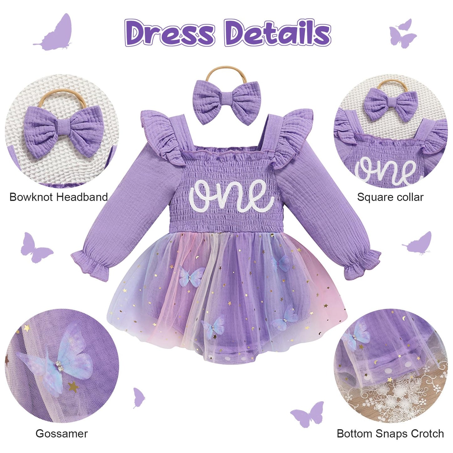 TITKKOP Baby Girl 1st Birthday Clothes One Year Old Tulle Romper Long Sleeve Bodysuit Cake Smash Outfits(butterfly-purple,12-18M)