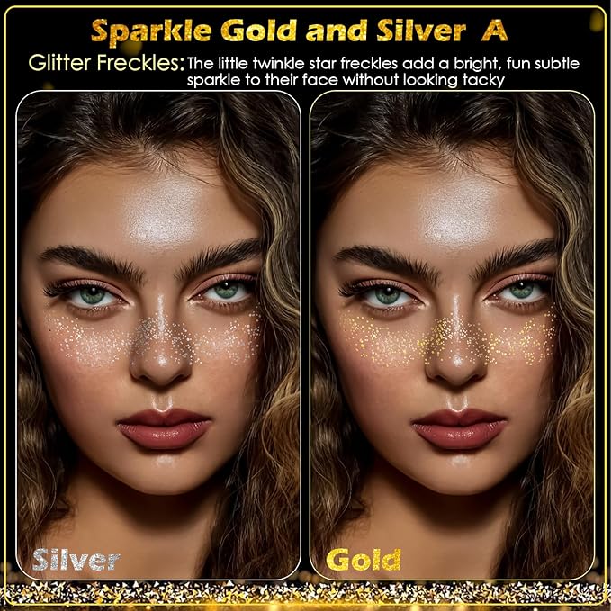 24pcs Gold and Silver Glitter Freckles Face Tattoo, Sparkle Freckles Temporary Face Tattoos, Body Face Glitter Makeup Patches Speckles, Waterproof Long Lasting Makeup Accessories for Women Girls