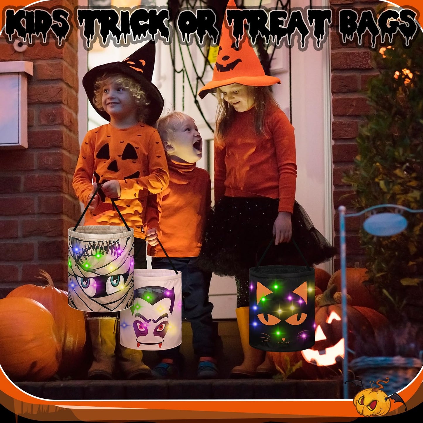 Sanwuta 3 Pcs Lighted Halloween Trick or Treat Bucket 10 x 10.5 Inches LED Spooky House Castle Bag Reusable Goody Candy Bucket for Kids Trick or Treat Halloween Birthday Party Favor Supplies(Novelty)