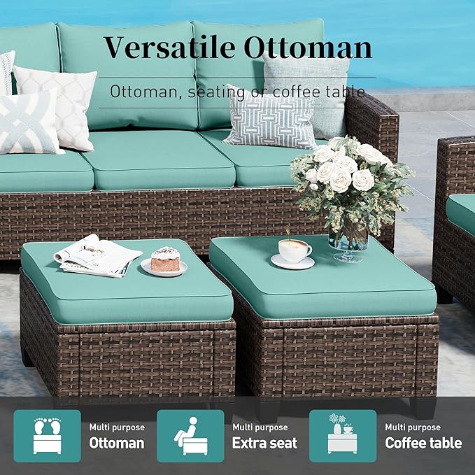 SUNSHINE VALLEY Patio Furniture Set Outdoor Furniture Brown Wicker Rattan Patio Conversation Sets with Cushion Outside Sofa Set,7 Pieces 9 Seats,Blue