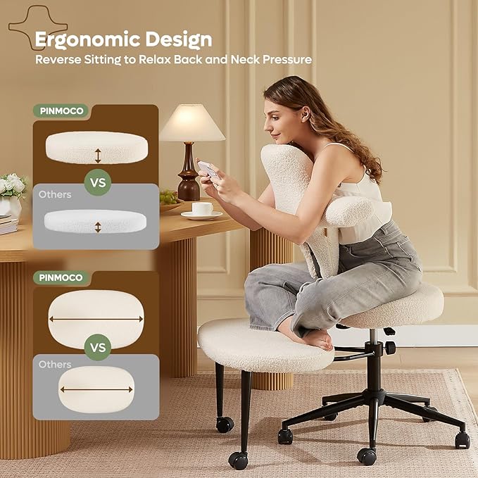 Ergonomic Cross Legged Office Chair Extra Wide for ADHD and Meditation, Kneeling Chair with 360° Swivel Wheels and Reversible Seating, Adjustable Height and Seat Deapth, Teddy Fabric, White